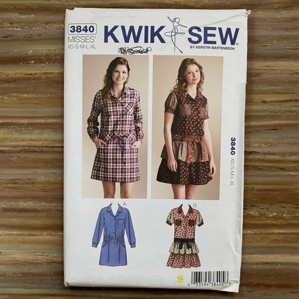 UNCUT Sewing Pattern Kwik Sew 3840 Dropped Waist Shirt Dress Pocket Misses XS-XL